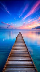 long wooden pier over blue sea, evening, serene atmosphere, calm water,