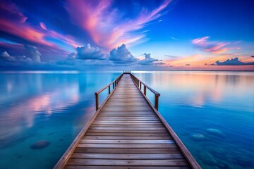 Obraz premium long wooden pier over blue sea, evening, serene atmosphere, calm water,