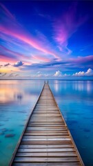 Obraz premium long wooden pier over blue sea, evening, serene atmosphere, calm water,