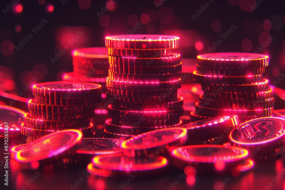 Poster digital rendering of glowing red coins stacked in a futuristic setting