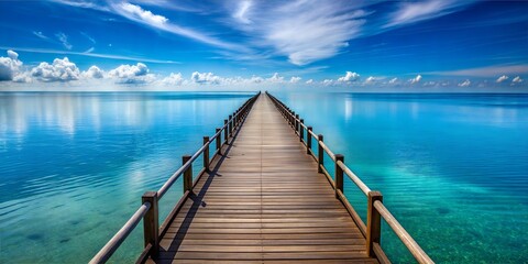 Fototapeta premium long wooden pier over blue sea, evening, serene atmosphere, calm water,