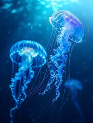 Shimmering Jellyfish in Luminous Underwater Backdrop with Free Space