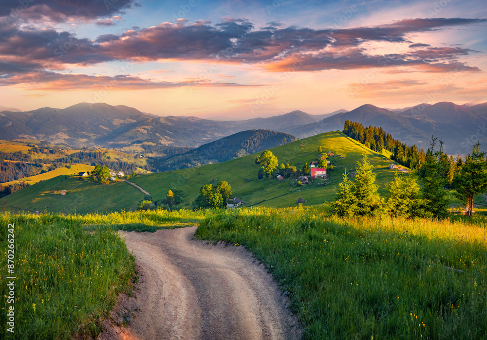 Sticker breathtaking morning scene of mountain valley with old country road, zamagora village. carpathian mo