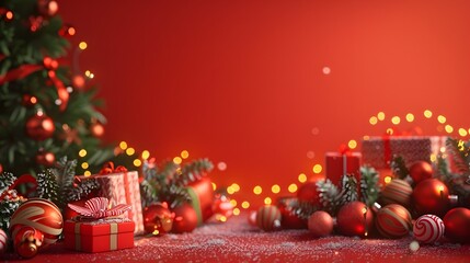 Festive Artisan Holiday Market with Crimson Red Backdrop and Free Space