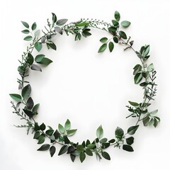 Elegant Botanical Wreath Frame on White Background with Lush Foliage Leaves and Floral Elements