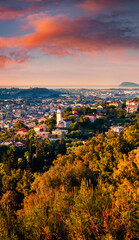 Obraz premium Aerial view of Zakynthos (Zante) town. Colorful spring sunrise on the Ionian Sea. Beautiful cityscape panorama of Greece city. Traveling concept background. Artistic style post processed photo.