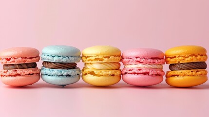 Colorful macaroons in a row on color background,french macaroons,Pastry, bakery and branding concept,copy space.