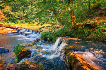 Magnificent summer scene of Pid Skelyamy waterfall. Superb morning view of Sukel' River. Perfect landscape of Carpathian mounatains, Ukraine, Europe. Beauty of nature concept background.