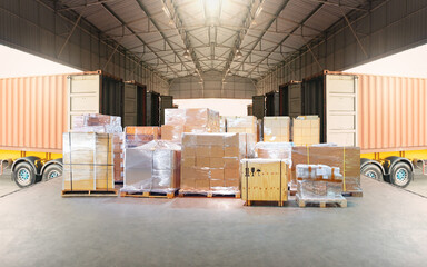 Bulk pallets of packaging boxes being loaded onto a container truck. distribution warehouse...