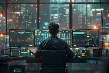 A trader works late into the night, analyzing financial data on multiple monitors - Powered by Adobe