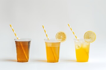 Photo of three plastic takeout cups with straws, one for black tea and two glasses filled with lemonade on a white background. A minimal concept real photo showing three cups, one with black tea and t