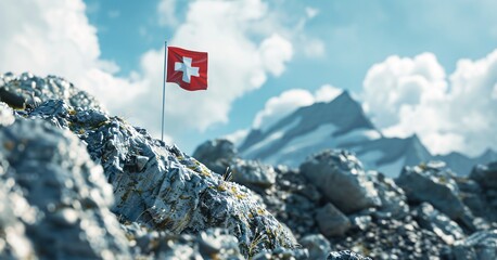 Displaying Swiss flag on rugged terrain to honor August 1 national holiday message. 3D Illustration.