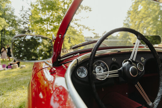 red sport retro car cabin