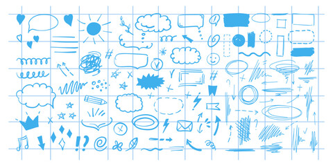 Doodle design elements and arrows. Elements for infographics. Hand drawn vector set of icons, frames, borders, arrows in isolated on checkered notebook sheet background.