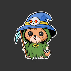 cat sticker wearing grim reaper costume, cartoon style, Chibi Style.