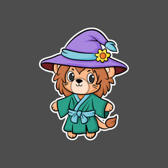 sticker of a lion wearing a shirt and hat, cartoon style, Chibi Style.