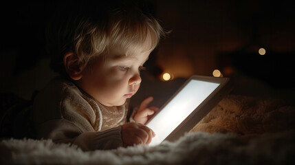 A young child is laying on a bed and looking at a tablet. The child appears to be focused on the screen, possibly playing a game or watching a video. Concept of innocence and curiosity