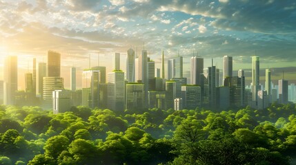 Futuristic city skyline with advanced architecture and green spaces, representing urban development in 2025.
