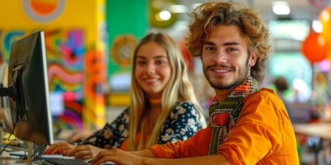 Working together on project. Two young business colleagues working on computer