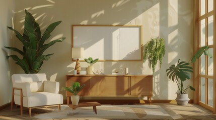 A mock-up poster frame, a wooden sideboard, a white sofa, a green stand, a base with leaves and plants