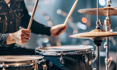 Obraz premium Close-Up of a Drummer's Hands Playing a Drum Set