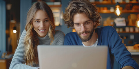 Working together on project. Two young business colleagues working on computer