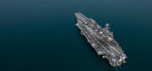 Aerial view military nuclear ship navy ship carrier full loading fighter jet aircraft, Aircraft...