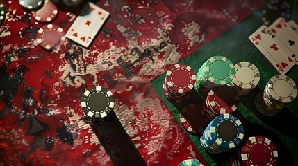 A pile of poker chips on a table with a red background. The chips are of different colors and sizes, and there are also a few playing cards scattered around. The scene gives off a casual