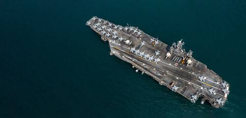 Aerial view military nuclear ship navy ship carrier full loading fighter jet aircraft, Aircraft...