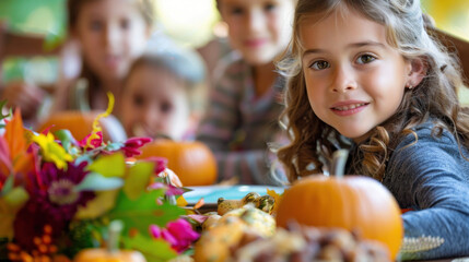 Children at Thanksgiving Table with Pumpkins and Autumn Decorations
