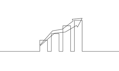 Continuous line drawing of graph with arrow up. Hand drawn of bar chart. Business growth icon sign symbol. Single line art of increasing arrow