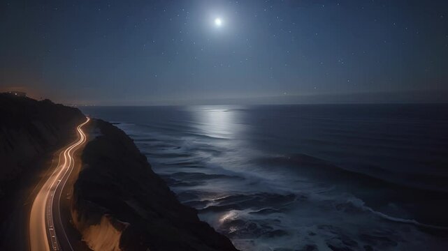 Under the moonlit sky cars race along the oceanfront road their light trails leaving behind a trail of glittering stars.