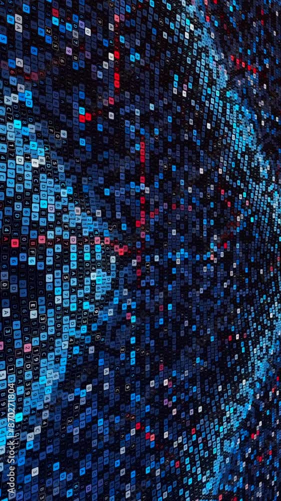 Poster motion graphic of blue data matrix simulation. media. digital technology with futuristic hud screen 