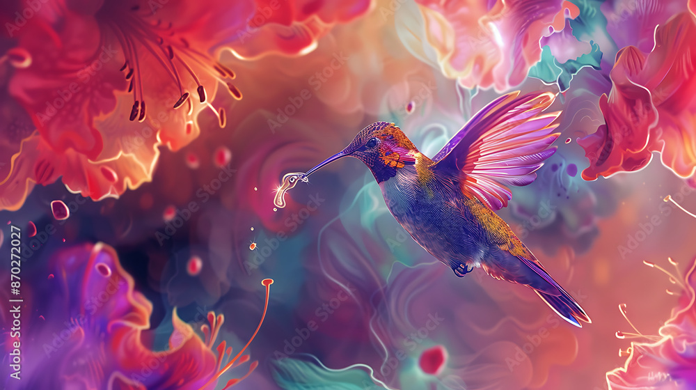 Wall mural A colorful hummingbird is depicted in a painting with a flower in its mouth