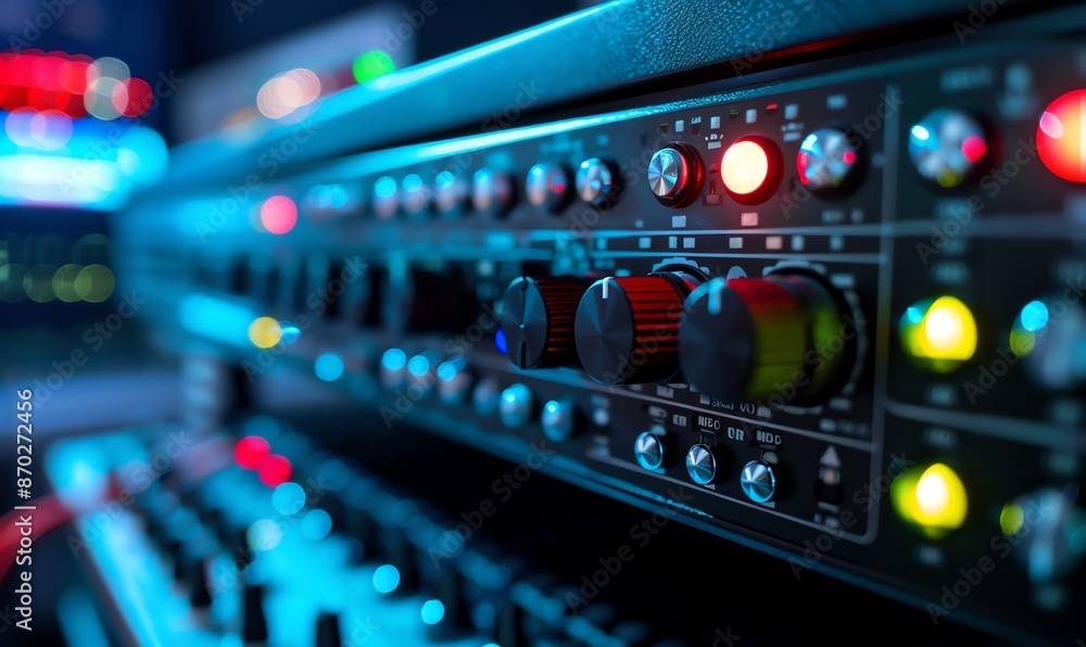 Poster close up of a mixing console in a recording studio