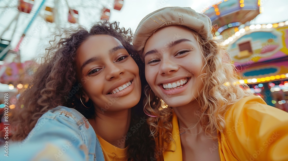 Wall mural realistic photos, high definition 8k a close-up of two friends taking a selfie, their faces pressed 