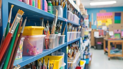 Art supplies neatly organized on shelves in an art classroom