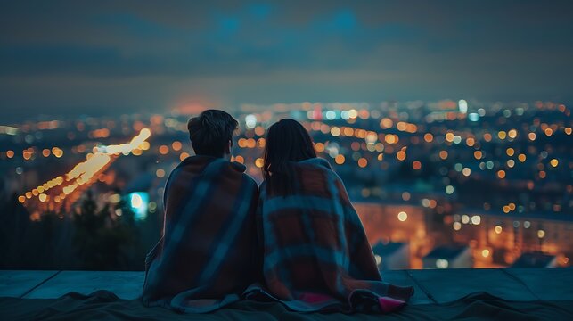 Intimate rooftop setting two friends sitting on a rooftop, watching the city lights below. They are wrapped in blankets, sharing a quiet moment of reflection and connection.