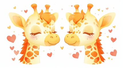 Obraz premium Adorable Cartoon Giraffe Pair in Love with Pink Hearts on White Background