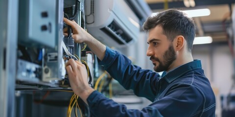 Handsome man service engineer worker in dark blue clothes repairing air conditioning unit or heat pump indoors