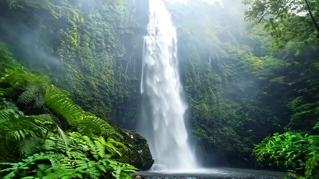 Pushing towards a waterfall in the Costa Rican rainforest amid ferns and moss on a misty morning.