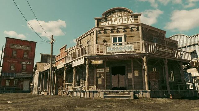 4k animation rendering of an empty street in an old wild west town with wooden buildings.