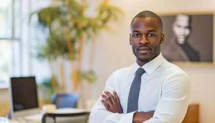 A man in a white shirt and tie, with his arms crossed, is standing in an office