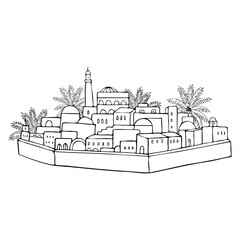 Obraz premium Middle east ancient city oasis with palm trees in desert line vector illustration. Outline ink simple sketch for Biblical Jerusalem for Jewish Torah history designs. Bethlehem drawing