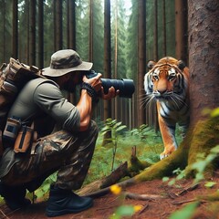 Fototapeta premium A man is photographing a tiger