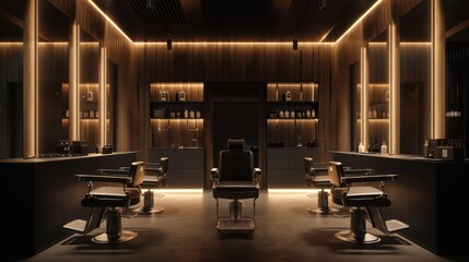 A highdetail, modern barbershop with sleek furniture and minimalist design, illuminated by cool, ambient lighting Modern, minimalist, cool tones, sleek, contemporary feeling