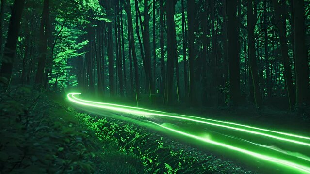 With each step fluorescent green light trails create a path through the dense forest clearing.