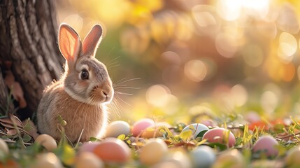 Adorable Easter Bunny with Egg and Spring Flowers in Pastel Colors