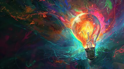 A highdetail, vibrant digital painting of a light bulb being sketched, representing the birth of an idea Digital painting, vibrant, bright colors, dynamic, energetic atmosphere