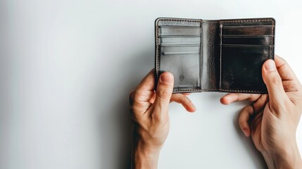 A man is holding an open wallet with a few cards inside